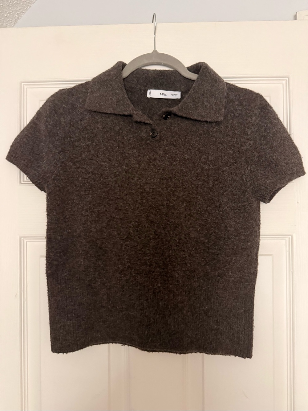 Mango Dark Brown Textured Knit Polo Cardigan